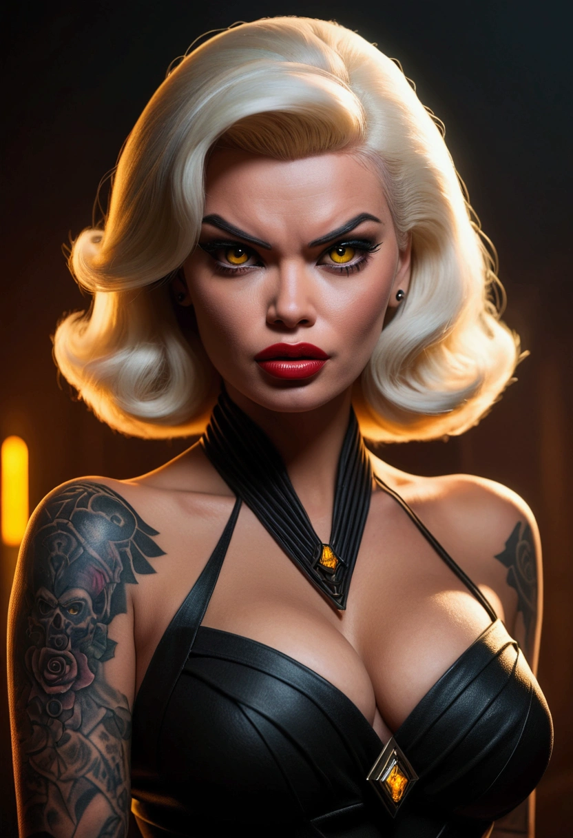 (Jayne Mansfield, age 25, dark sith warrior, evil tattoos, yellow eyes, cybernetics, evil pose), inside a scifi building battle damage on walls, broken robots, show all of her, show her from head to toe, full body portrait, (best quality,4k,8k,highres,masterpiece:1.2),ultra-detailed,(realistic,photorealistic,photo-realistic:1.37),cinematic lighting,dramatic lighting,chiaroscuro,dark moody atmosphere,sinister,menacing,evil,powerful,imposing,dramatic,epic
