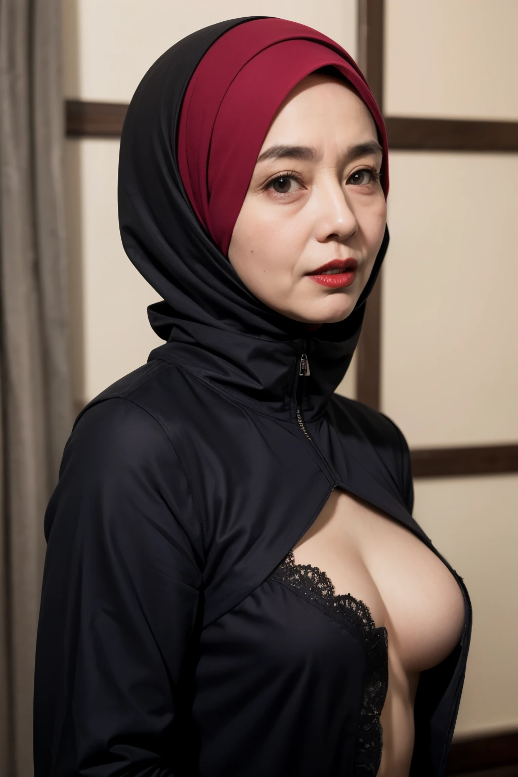 ((Red Lips)), Coats Medium body portrait, ((Hijab Stylish)), HALIMAH'S MOTHER IS 85 YEARS OLD HER BODY IS VERY FAT & NUDE AT A DARK NIGHT PLACE, Ultra High Res. realistic: 1.4, UHD, lace , very flat chest, half body portrait , skinny my body, view from side seductive pose , (old lady:1.3)