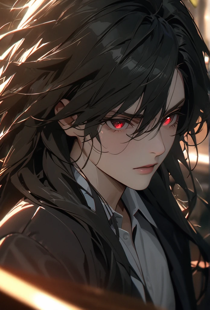 (solo), masculine, black hair, messy hair, mane hair, long hair, dense hair, wild hair, expressive hair, mature,(25 year old), pale skin, red eyes, ((man)), wearing a black dress shirt, serious, handsome, attractive, eye reflection, depth of field, thunder aura,cinematic lighting, ray tracing, depth of field, cinematic lighting, ray tracing, UHD, high details, best quality, highres, high quality, award winning, super detail, masterpiece, 8k, UHD, high details, best quality, highres, high quality, award winning, super detail, masterpiece, 8k, digital art, anime coloring, body shot, good face, perfect face, detailed face, good eyes, facing foward