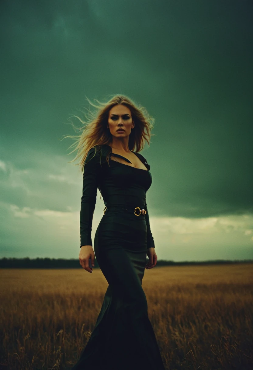 (michale kors analog photo by Guy Aroch:1.2), beautiful evil slavic muscular woman, pale skin, long hair, An evocative and moody depiction of full length view of wide angle shot at 25 years old [Into The Storm]