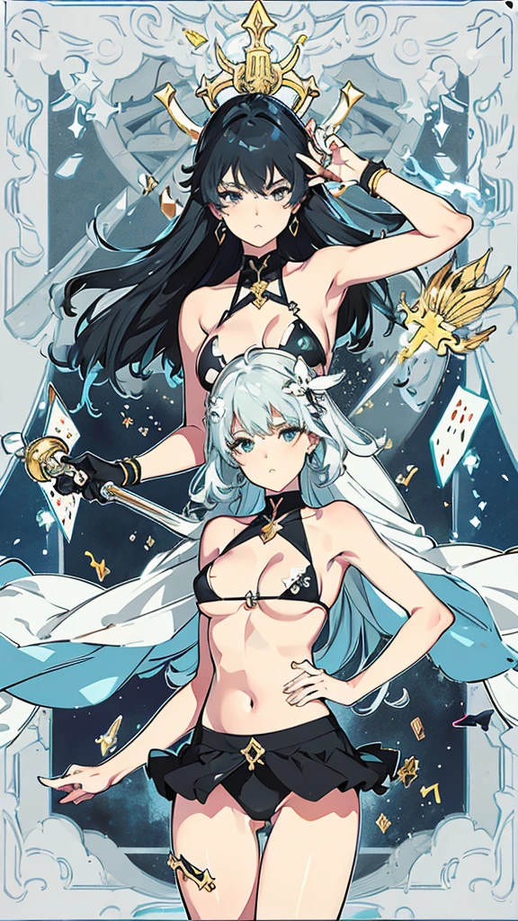 Taurus、tarot cards,Hands together,Vulcan salute,attention, There is a halo behind the head,finely_detailed, perfect_Body, perfect_Eye, perfect_Face, perfect_finger,Yu-Gi-Oh card game style、(((Voluminous 1.8)))、(((micro bikini 1.4)))、(Seasts 1.4)、(e 1.4),SeductiRandom Pause、cowboy shot、
(The Taurus symbol is depicted on the card frame 1.3)、Three-dimensional depiction that seems to emerge from the card, ultra-detailed depiction, artistic、A pose that makes it seem as if the person is coming out of the card、The card frames are drawn in super-beautiful detail, perfect anatomy, perfect fingers, super beautiful faces, stunning beauties aged 16 to 30、Greek mythologyure style background、Super beautiful eyes, and the card frame features illustrations of the moon, sun, stars, and golden coins、The card frame features an illustration of a sword and shield、Card colors are random、Depicts the symbol of Taurus、Write the letter Taurus、Write Taurus on the top of the tarot card.May the person who sees the tarot card be happy、Write the word "Black and white hair" in embossed letters on the tarot card、Magic wand, spear, bow and arrow, guitar, fire, water, earth, wind, dagger, pen, sword, crossbow, large shield, gloves, fishnet stockings、Flowers, leaves, good luck, four leaf clover、Scattering jewels、Diamond, ruby, sape, topaz, blue sapphire, pearl, crystal,Taurus sign tattoo on bo、Black and white hair