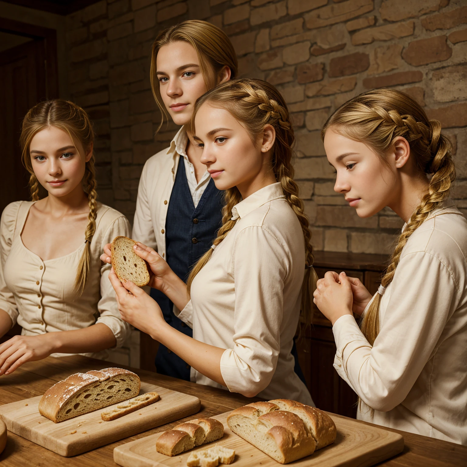 During the French Revolution、Beautiful young farm girl, Front view, During the French Revolution、(1 male and 2 female:1.3), (1 girl is Beautiful young farm girl ,16years old , gold hair, twin braids) ,(1 man is My father is 60 years old, breads) , (1 woman is mother is 40 years old, middle hair) ,3 people were eating bread and thin slices, eating around the table、in house, night, UHD, accurate, anatomically correct, textured skin, beautiful fingers super detail, high details, high quality, best quality,