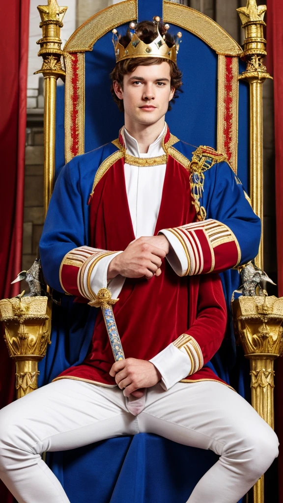 A sexy british mediaeval king in his throne,nsfw, sexy pose , crown,royal uniform