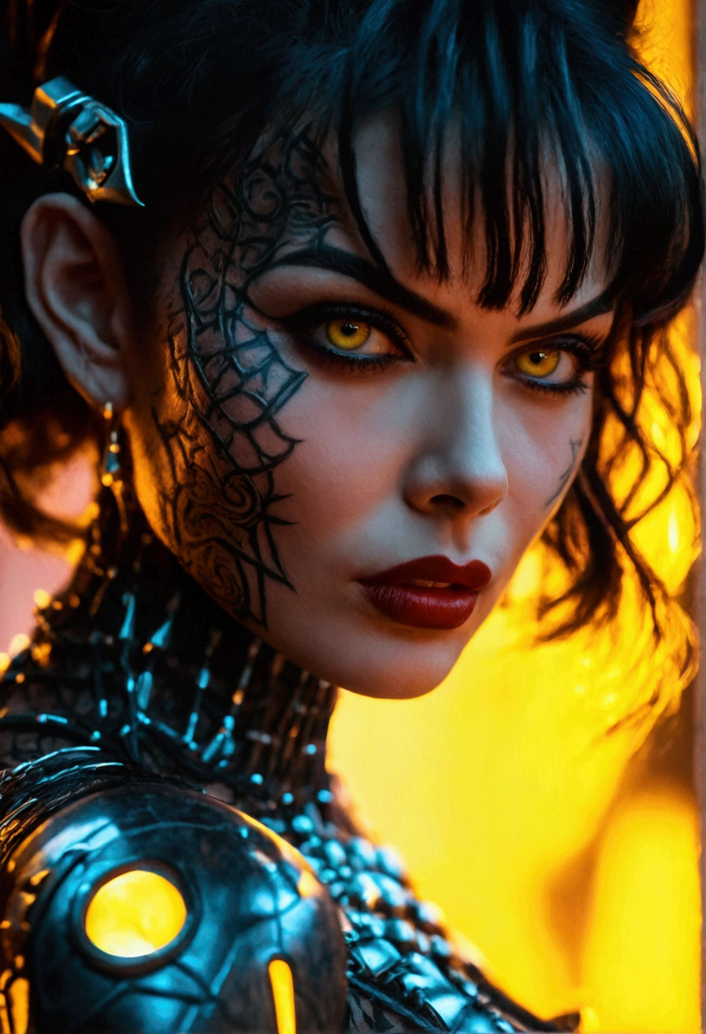 Jayne Mansfield, age 25, dark Sith warrior, evil tattoos, yellow eyes, cybernetics, evil pose, dramatic lighting, cinematic composition, moody atmosphere, dark fantasy, muted color palette, chiaroscuro, photorealistic, 8k, masterpiece