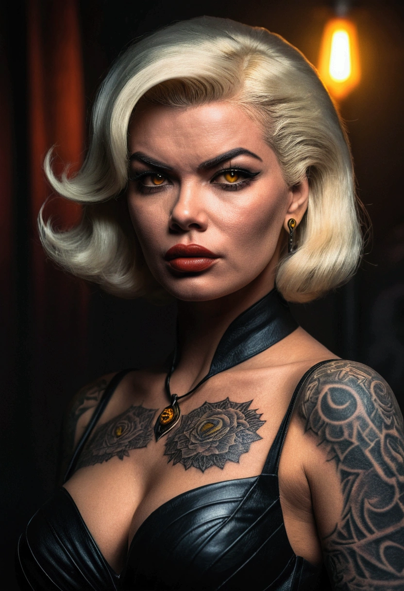 Jayne Mansfield, age 25, dark Sith warrior, evil tattoos, yellow eyes, cybernetics, evil pose, dramatic lighting, cinematic composition, moody atmosphere, dark fantasy, muted color palette, chiaroscuro, photorealistic, 8k, masterpiece