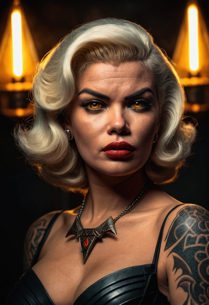 Jayne Mansfield, age 25, dark Sith warrior, evil tattoos, yellow eyes, cybernetics, evil pose, dramatic lighting, cinematic composition, moody atmosphere, dark fantasy, muted color palette, chiaroscuro, photorealistic, 8k, masterpiece