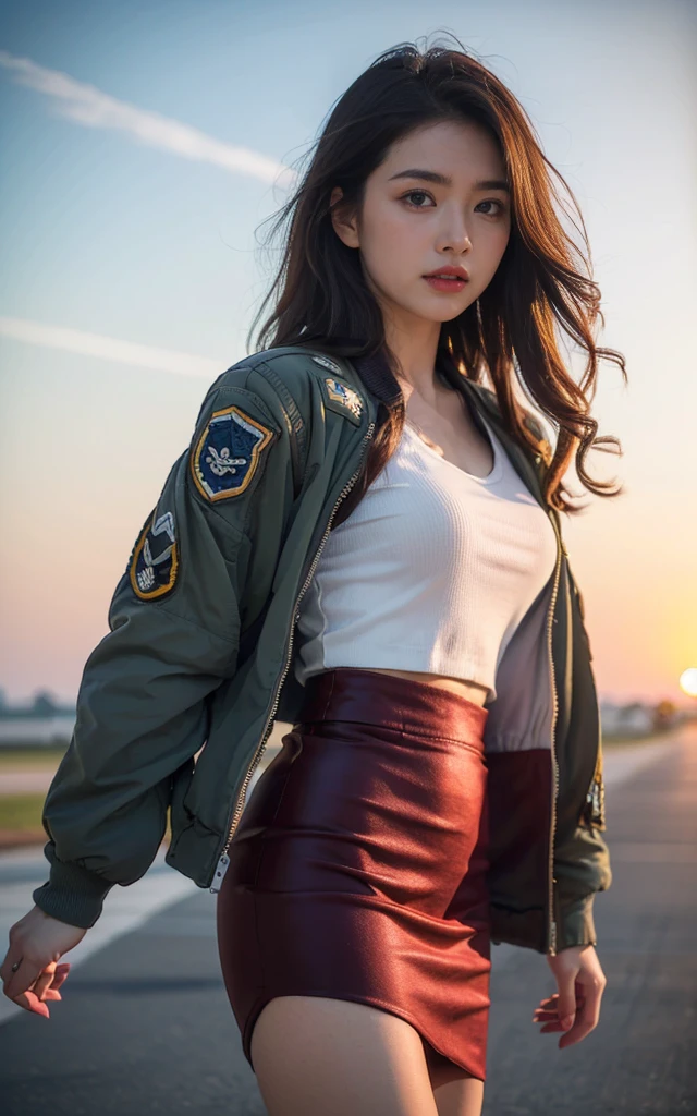 (best quality, 8K, 32k, masterpiece, Ultra HD:1.2), (Practical:1.5), (masterpiece, Highly detailed CG Unity 8K wallpaper, best quality, high resolution:1.2), (Very detailed, Ultra HD:1.2), Photo of extremely cute and beautiful Japanese Miss, (Maroon with long wavy hair:1.2), aldult,（full-body shot） (Detail of beautiful girl:1.4), best quality, Miss, aldult, (U.S. Air Force pilot details:1.5), (Professional bomber sexy jacket:1.3), (White high waist pencil skirt:1.3), (Beautiful sunset US air force base runway landscape background:1.2), Laugh shyly:1, Looking at the audience, For the audience, ((Perfect Miss&#39;body of)), (Tight waist:1.2), (Image of the entire body from the knees up:1.3), Thin, Abdominal muscles, (Beautiful breasts:1.25), Assembling the head, wind, Dynamic poses, light, Backlight, Beautifully dressed, Perfect anatomical structure, Perfect proportion, Detailed human body, Fashion model posing,Soft expression、Smile