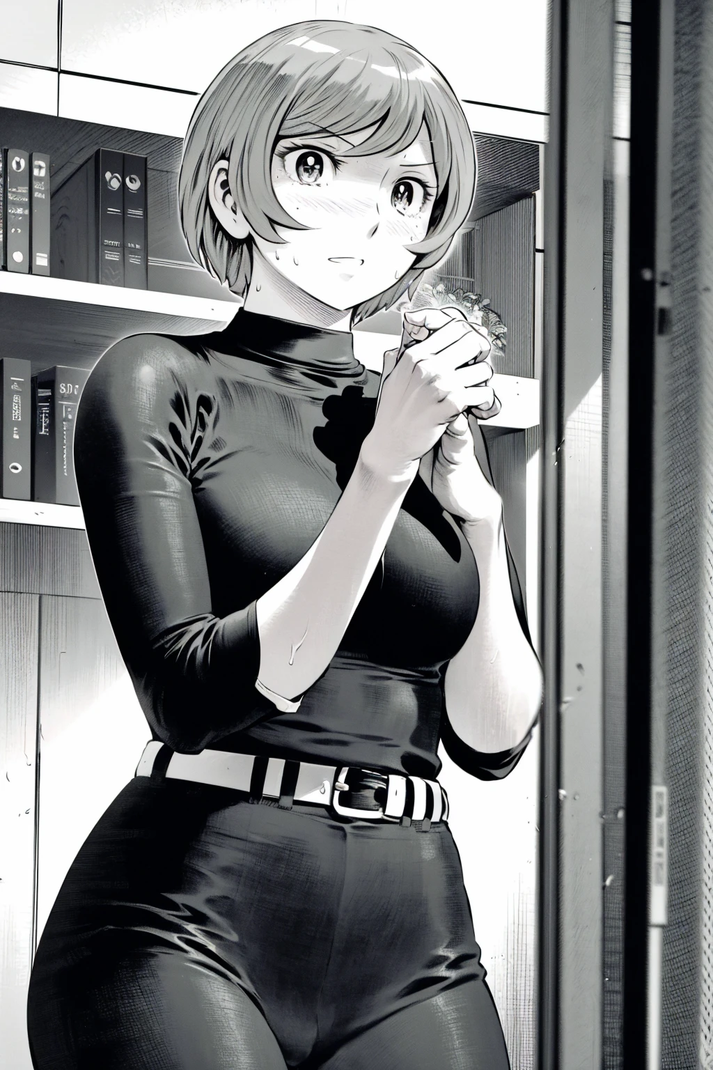 、(masterpiece、Highest quality)、Highest quality, Ultra-high resolution, (((masterpiece))), alone, Sweat、Big eyes,Tight black shirt、Tight white pants、belt、indoor、Composition from the front、（後ろCut your hair short、short hair、blonde、woman）、Shortcuts、Embarrassed face、Cut your hair short、可愛いwomanの子、Big Breasts、office、Baseball Cap