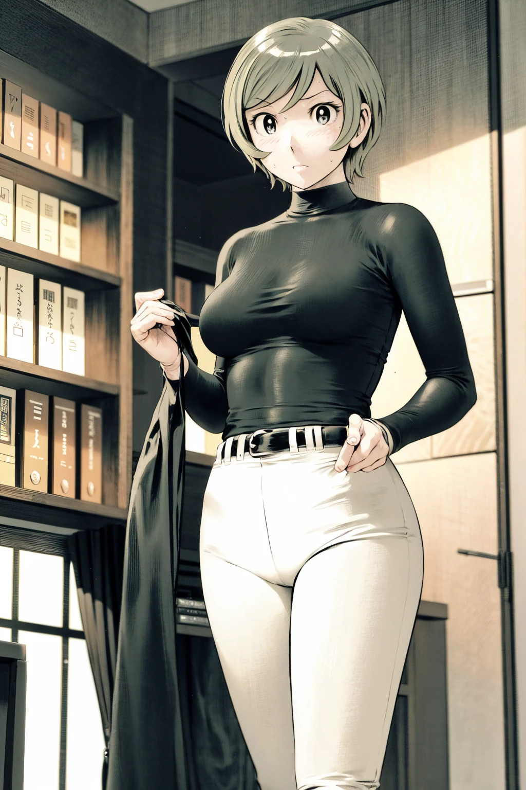 、(masterpiece、Highest quality)、Highest quality, Ultra-high resolution, (((masterpiece))), alone, Sweat、Big eyes,Tight black shirt、Tight white pants、belt、indoor、Composition from the front、(後ろCut your hair short、short hair、blonde、woman)、Shortcuts、Embarrassed face、Cut your hair short、可愛いwomanの子、Big Breasts、office、Baseball Cap