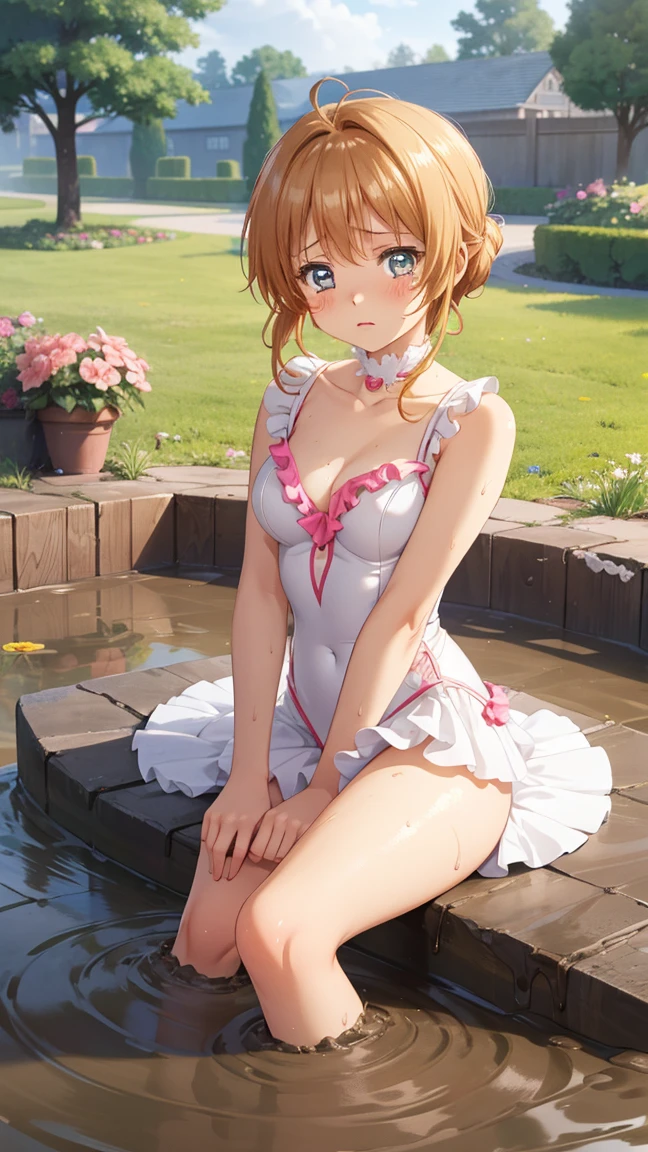 masterpiece, best quality, highres, 1girl, detailed face, blush, anime CG style, (medium breasts), (18 year old girl:1.3), (aged up), good lighting, perfect body, sakura kinomoto, glossy lips, looking at viewer, garden, (sinking in mud), ballerina, upset, tears in her eyes