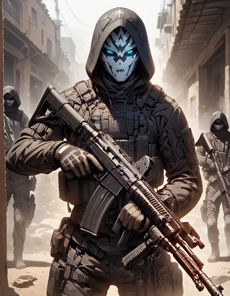 Masterpiece, best quality, 1 person, 30 year old man, Focus Man,muscle,high, alone, alone focus, black hair, Turquoise eyes, black bulletproof vest, Mercenaries, (holding an assault rifle((AK46 gun)), Standing position, Standing shooting position, ฉากหลังพื้นShooting practice, Shooting practice, serious,Aim the gun.., solemn face, dangerous atmosphere,AK46 gun,black gun,AK 46 black.