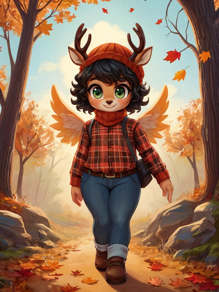 Cute, deer boy, small deer antlers, innocent, chubby, fat, big thighs, androgynous, femboy, short curly hair, black hair, fawn spots, freakles, ((cute)), smiling, wearing cottage core outfit, pastel color scheme, young, cartoony, adorable, deer tail, moss green eyes, angel wings, dynamic pose, autumn, fallen leaves, autumn colors, walking through the woods during autumn, pumpkins, orange leaves, wearing a long-sleeved flannel shirt in autumnal colors (red, brown, green) layered over a fitted turtleneck with dark-wash skinny jeans and suede loafers with a wool beanie and a crossbody bag in a neutral shade,