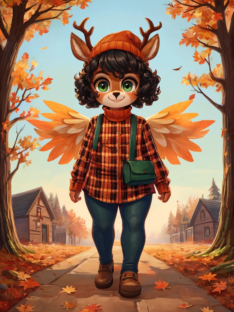 Cute, deer boy, small deer antlers, innocent, chubby, fat, big thighs, androgynous, femboy, short curly hair, black hair, fawn spots, freakles, ((cute)), smiling, wearing cottage core outfit, pastel color scheme, young, cartoony, adorable, deer tail, moss green eyes, angel wings, dynamic pose, autumn, fallen leaves, autumn colors, walking through the woods during autumn, pumpkins, orange leaves, wearing a long-sleeved flannel shirt in autumnal colors (red, brown, green) layered over a fitted turtleneck with dark-wash skinny jeans and suede loafers with a wool beanie and a crossbody bag in a neutral shade,