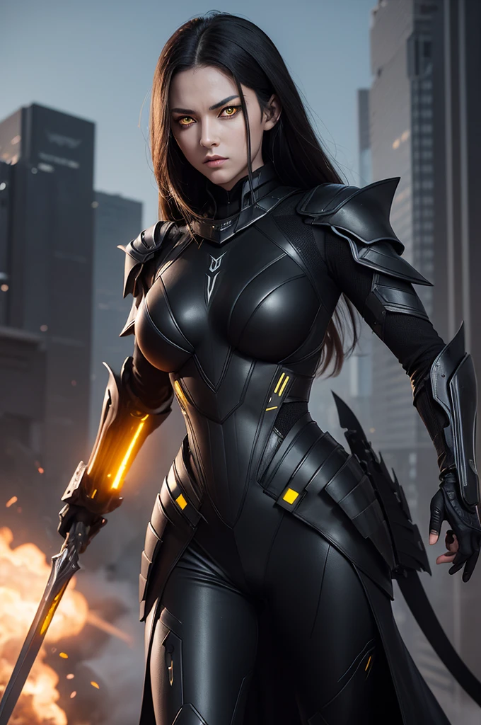 A woman with yellow eyes with slit  pupils, dressed in a black futuristic jet armour, wielding a black spear.