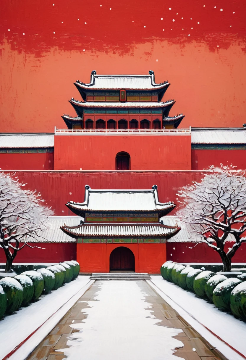 Chinese buildings in the distance,palace, symmetry,Snow White,Red Wall,Red background,Minimalist style,Top 50%blank,Integrating into the art of Van Gogh