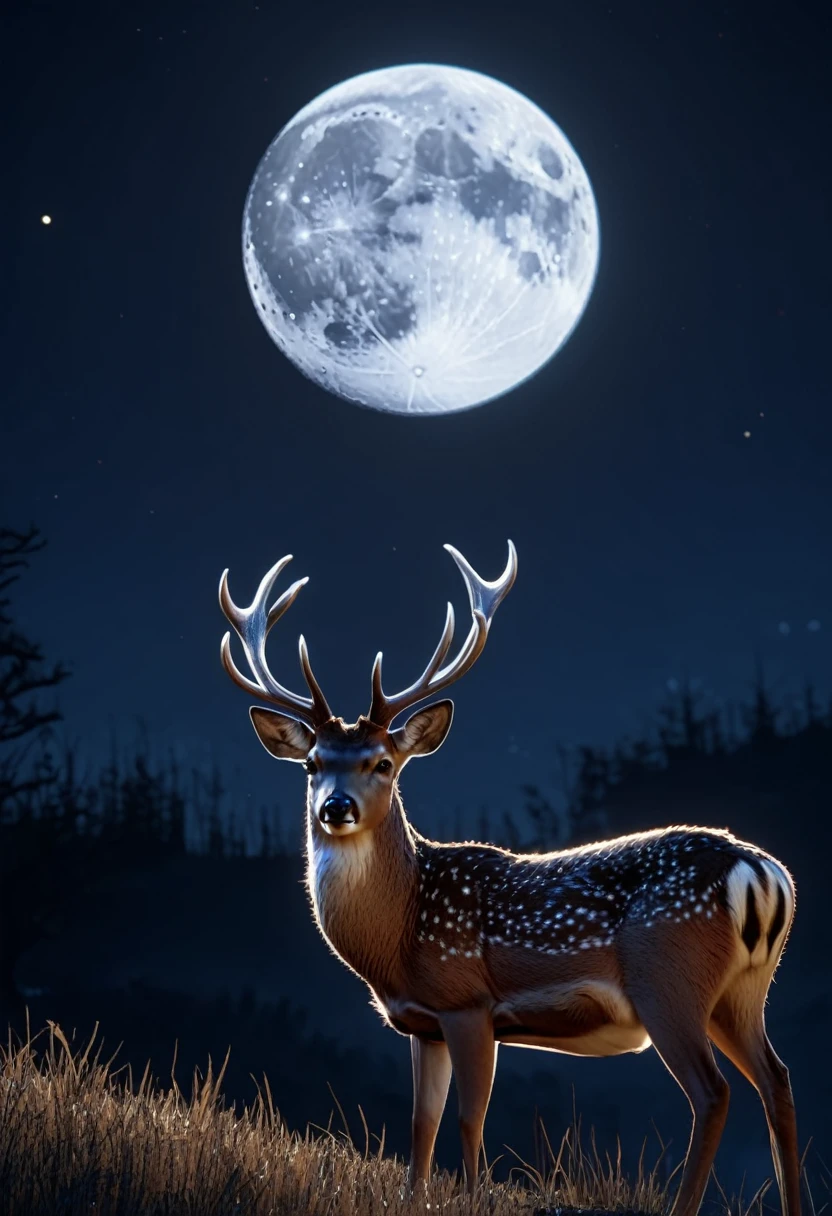 A deer with glowing horn looking at moon, 8k, realistic, detailed 