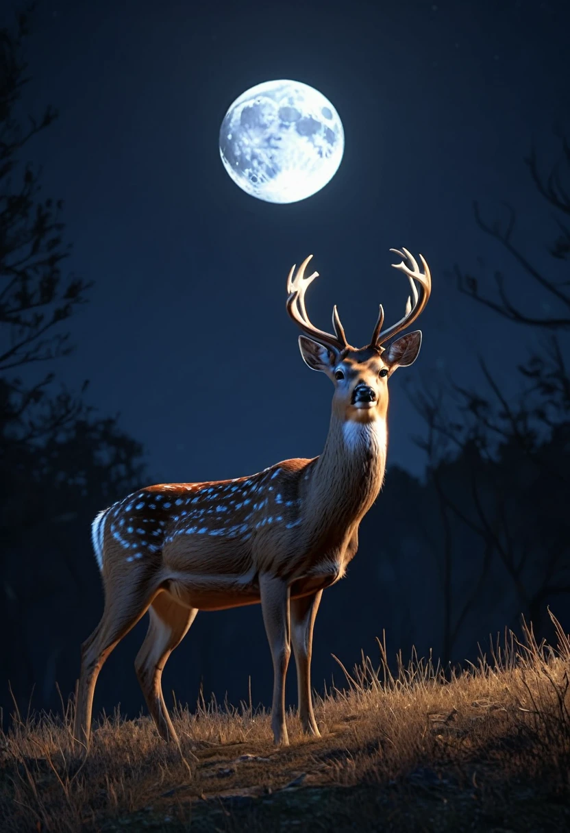 A deer with glowing horn looking at moon, 8k, realistic, detailed
