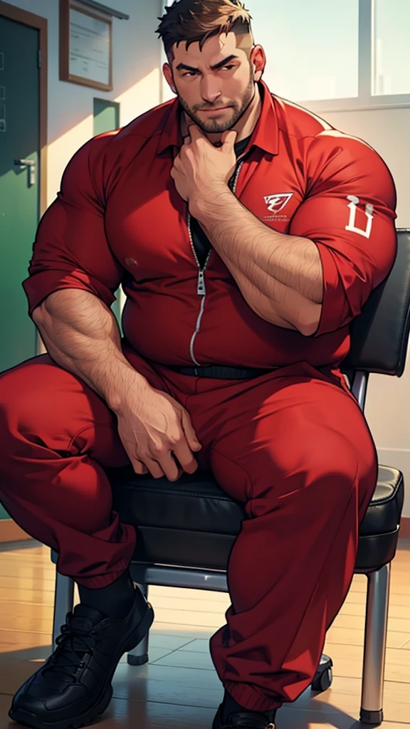 A man, fat, fat,physical education teacher,very short hair, wide shirt,Red jersey jacket, masterpiece, highest quality,Sitting in a chair,Red jersey trousers