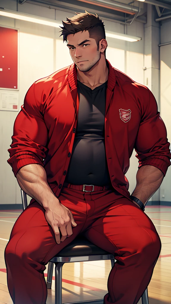 A man, fat, fat,physical education teacher,very short hair, wide shirt,Red jersey jacket, masterpiece, highest quality,Sitting in a chair,Red jersey trousers