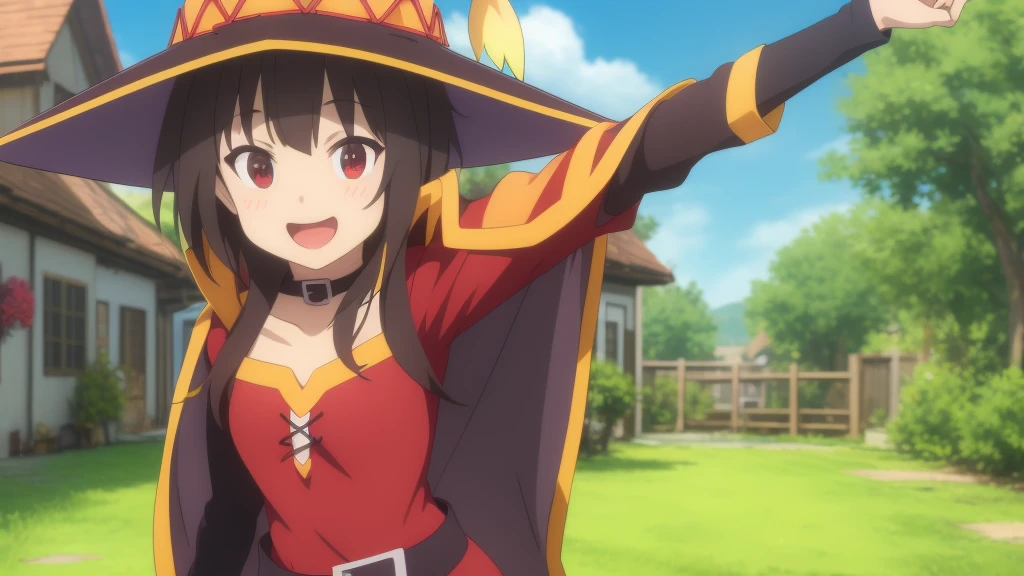 Megumin
Megumin, the main character of the anime "Konosuba", stands in a characteristic pose, dressed in her usual outfit. She looks straight at the viewer, her eyes wide and full of joy. Megumi smiles radiantly, showing her carelessness and friendliness. Her left arm is raised up and slightly bent at the elbow, palm turned forward. The right arm is lowered down and relaxed. The overall background of the image should be bright and colorful to emphasize the cheerfulness of the scene, Meisterwerk, best quality, fanart, drawing, digital drawing