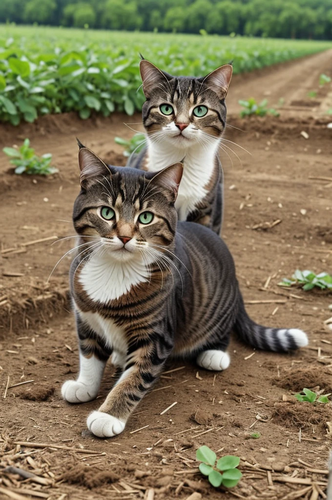 A cute smart cat doing agricultural work in the field
