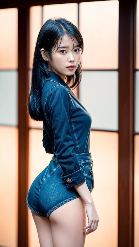Lee Ji Eun (Best quality, 8k, 32k, Masterpiece, UHD:1.2), ((Composition from head to thighs:1.5)), ((backwards:1.8, Point your small tiny butt at the camera:0.8, Japanese-style room at the ryokan:1.8)), ((Denim suit:1.8)), (smile:1.5), erect nipples, 1 girl, solo, 18-year-old, 7 head and body, Ideal flat ratio body proportions, black hair, With bangs, small perky breasts, slender, small butt, beautiful feet, skinny legs, Surrealism, cinematic lighting, Depth of bounds written, first person perspective, Breasts F/1.8, 135mm, ticker, muste piece, curate, ((anatomically correct:1.3)), textured skin, super detail, high details, high quality, Awards, best quality, High resolution, 8K