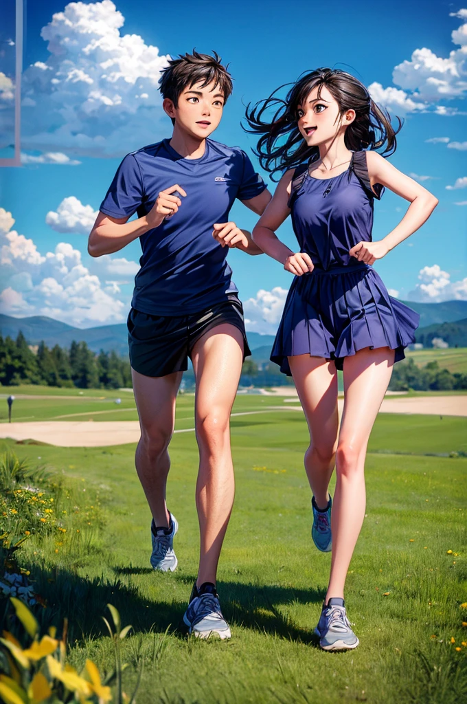 a couple running joy on grass a big sky background, camera view from far, detailed couple, detailed sky, detailed grass, best quality, highly detailed, masterpiece, 8k scene.