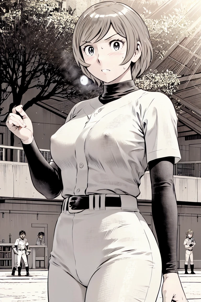 (野球uniform:1.2),
blonde, (short hair:1.2),Long sleeve, Black Shirt, turtleneck,White trousers、uniform、Black belt、((Illustration of people))、big 、Covered in mud、Soil stains、ドロドロのuniform、Baseball Cap、
View your viewers,, (Highest quality:1.3),One Girl, White pants、uniform、Outdoor、baseball ground、ground、soil、blue eyes、Tight black shirt、(masterpiece、Highest quality)、Highest quality, Ultra-high resolution, (((masterpiece))), alone, Sweat、big eyes、big Breasts、Torn clothes、 Fully exposed、Nipples、One Girl, Front view、Embarrassed face、Bronze colored hair、((short hair))、Stand up straight、Cowboy Shot