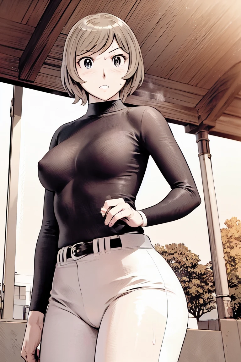 (野球uniform:1.2),
blonde, (short hair:1.2),Long sleeve, Black Shirt, turtleneck,White trousers、uniform、Black belt、((Illustration of people))、big 、Covered in mud、Soil stains、ドロドロのuniform、Baseball Cap、
View your viewers,, (Highest quality:1.3),One Girl, White pants、uniform、Outdoor、baseball ground、ground、soil、blue eyes、Tight black shirt、(masterpiece、Highest quality)、Highest quality, Ultra-high resolution, (((masterpiece))), alone, Sweat、big eyes、big Breasts、Torn clothes、 Fully exposed、Nipples、One Girl, Front view、Embarrassed face、Bronze colored hair、((short hair))、Stand up straight、Cowboy Shot