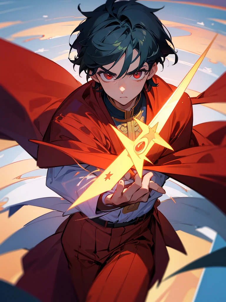 - Above the vast sky，Dozens of layers of heaven，A handsome young man in bright red clothes，Sword-like eyebrows and star-like eyes，But he looked panicked。