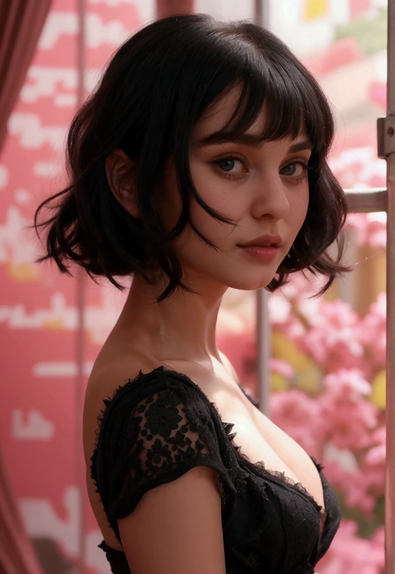 A cute young caucasian girl, black hairr, She is tall and thin, slightly voluptuous body, wear a short tight black dress, wear pink heels