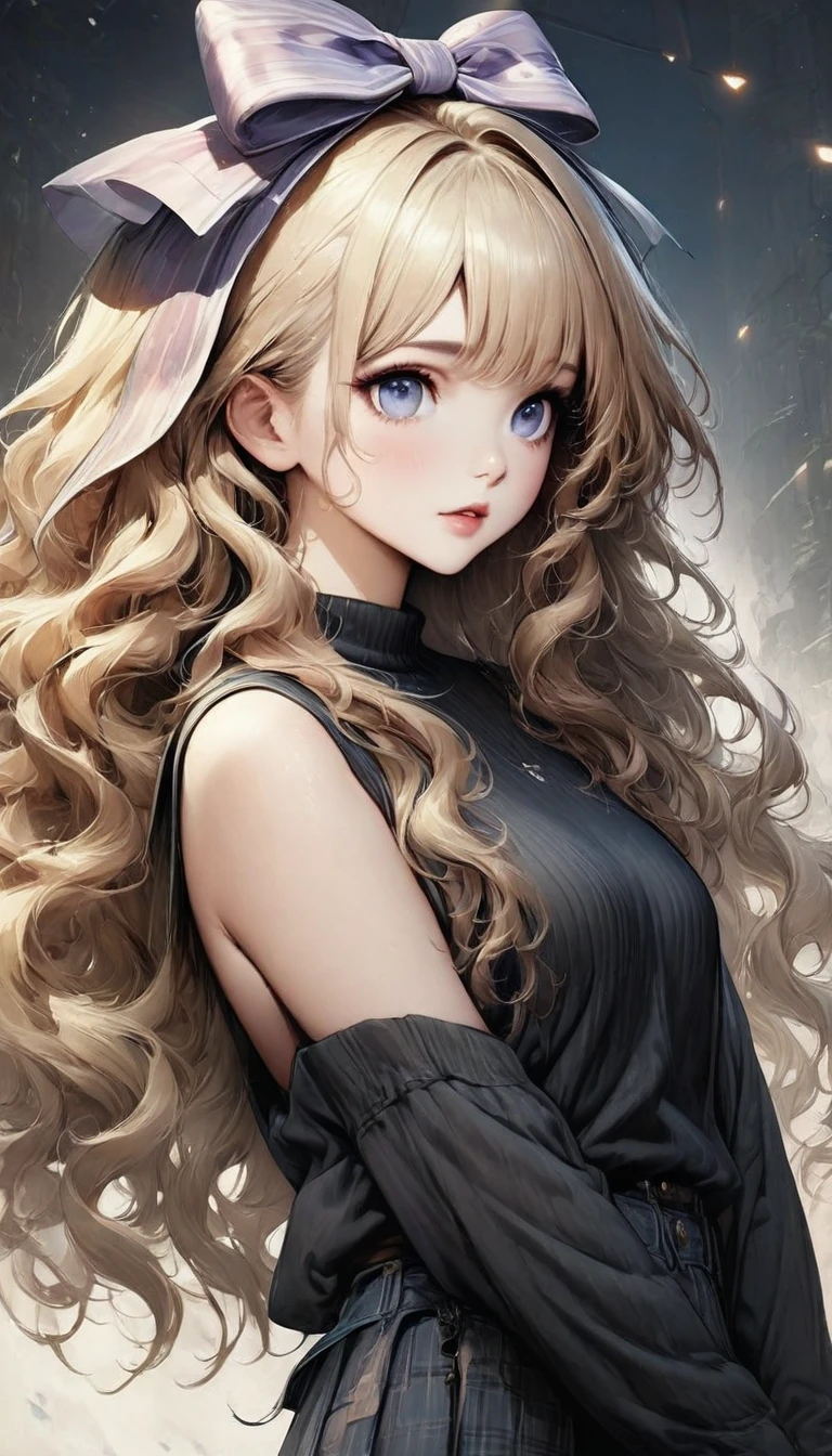 Ultra-realistic CG K ,((premium、8k、32k、Masterpiece、NFFSW:1.3)), (superfine illustration)、(super high resolution), (((adult body))), (Masterpiece, Best Quality:1.2),a beautiful girl，Skin details processing.，The eyes are finely described.，delicate hair，long wavy hair，long light hair，Wear a big bow on your head，black sweater，white dots，Skirt，green，clean background