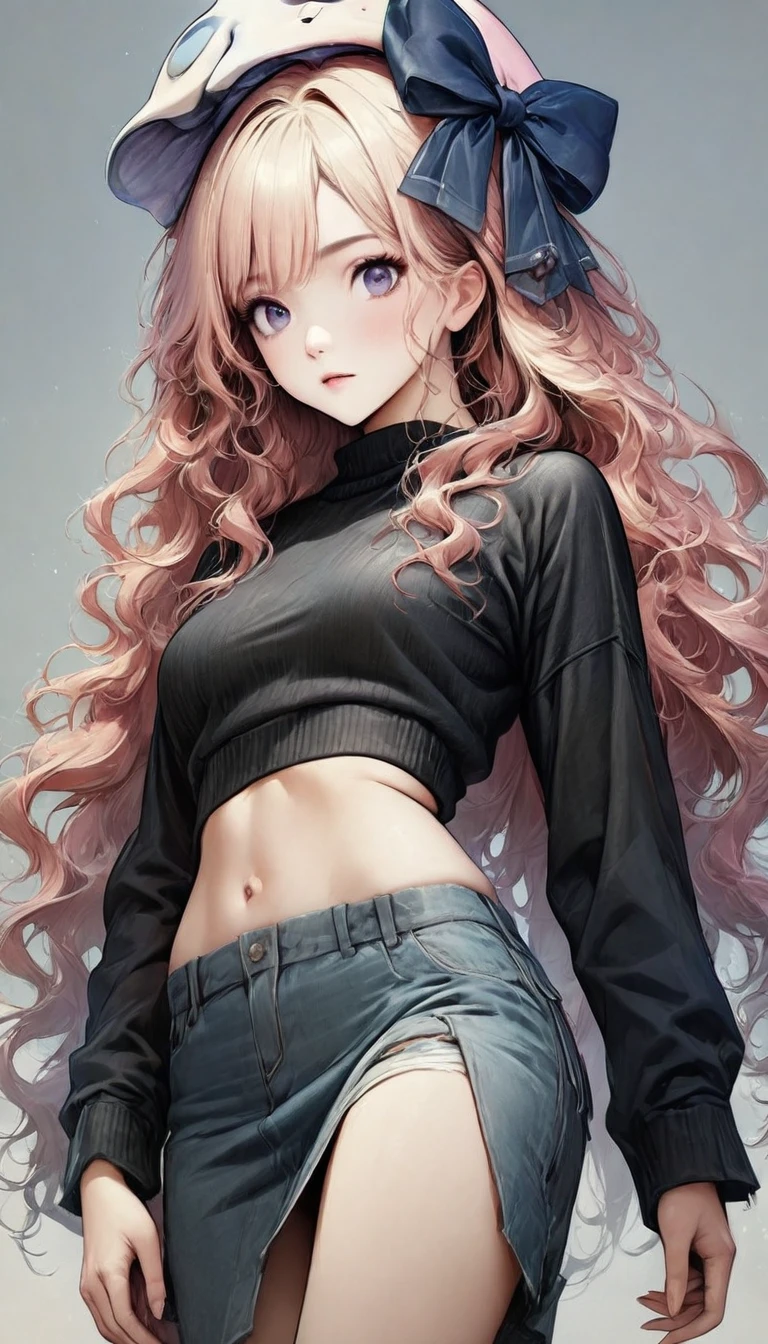 Ultra-realistic CG K ,((premium、8k、32k、Masterpiece、NFFSW:1.3)), (superfine illustration)、(super high resolution), (((adult body))), (Masterpiece, Best Quality:1.2),a beautiful girl，Skin details processing.，The eyes are finely described.，delicate hair，long wavy hair，long light hair，Wear a big bow on your head，black sweater，white dots，Skirt，green，clean background