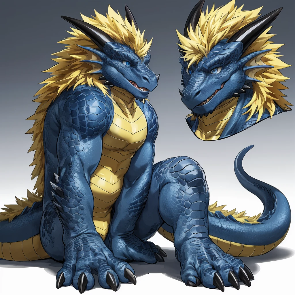 ( blue eyes dragon , dark blue and azure scales and white belly, yellow crest hair , skinny well built ,  profile, fulfilled face, kemono , high quality  , by rossciaco  ) ,  floating full body , four toes feet