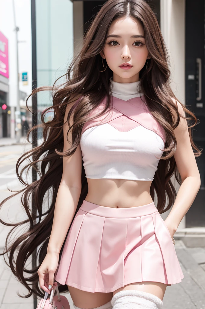 Woman, 23 years old, brunette with long wavy hair, wearing crop top and pink skirt with white boots