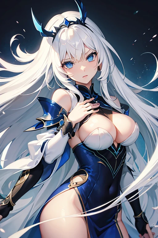 long hair, white hair, blue eyes, medium breasts,