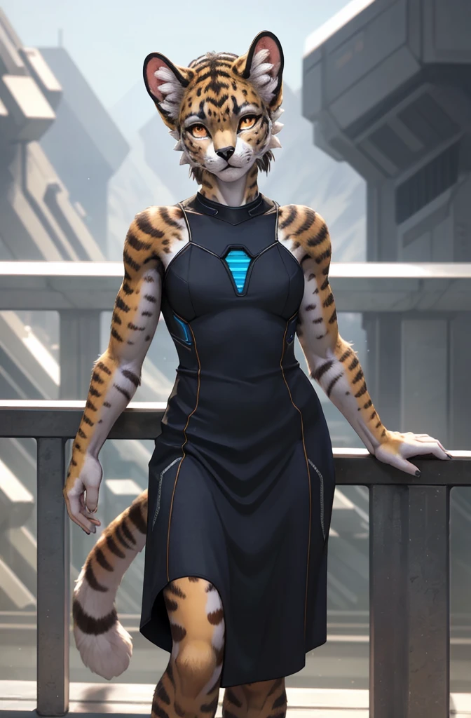 dreamy young muscular cute noble (exotic feline female:1.2), tomboy, looking at viewer, looking intrigued, detailed eyes, medium breasts covered, wearing elegant spacedress, bionic skin implants, detailed fur, realistic feathers, colorful fur, (leaning against railing:1.2), realistic photo, detailed background, theme science fiction, deus_ex, (mass effect:0.6),