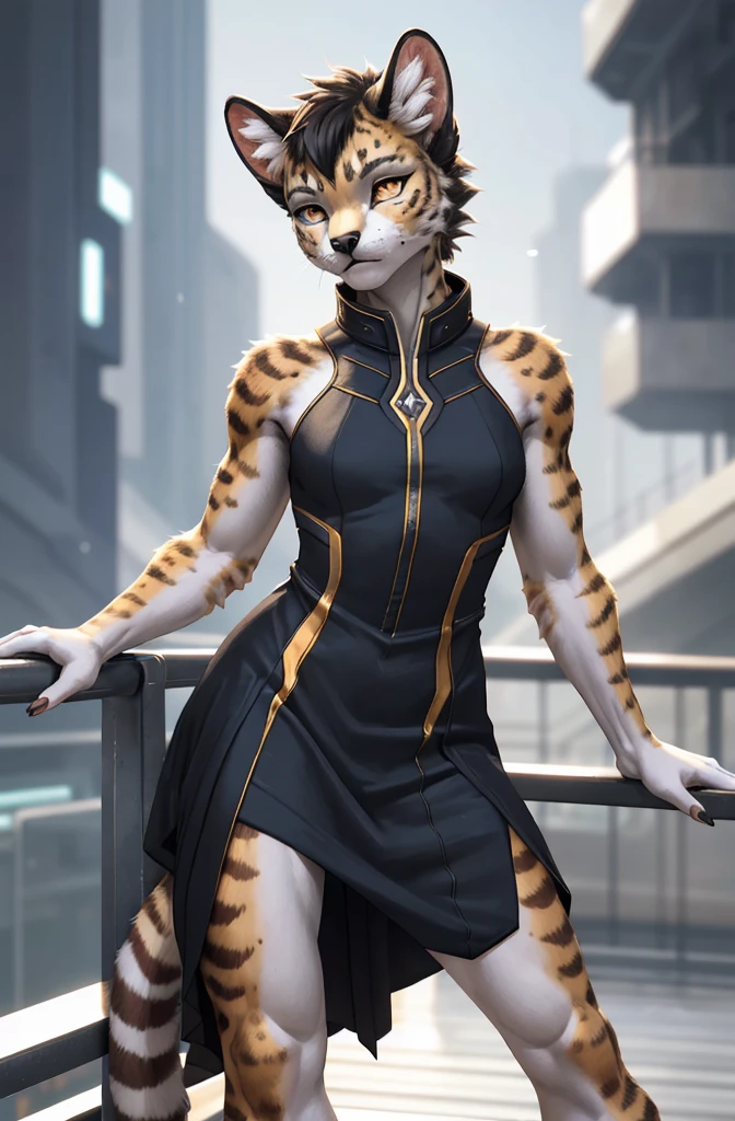 dreamy young muscular cute noble (exotic feline female:1.2), tomboy, looking at viewer, looking intrigued, detailed eyes, medium breasts covered, wearing elegant spacedress, bionic skin implants, detailed fur, realistic feathers, colorful fur, (leaning against railing:1.2), realistic photo, detailed background, theme science fiction, deus_ex, (mass effect:0.6),  