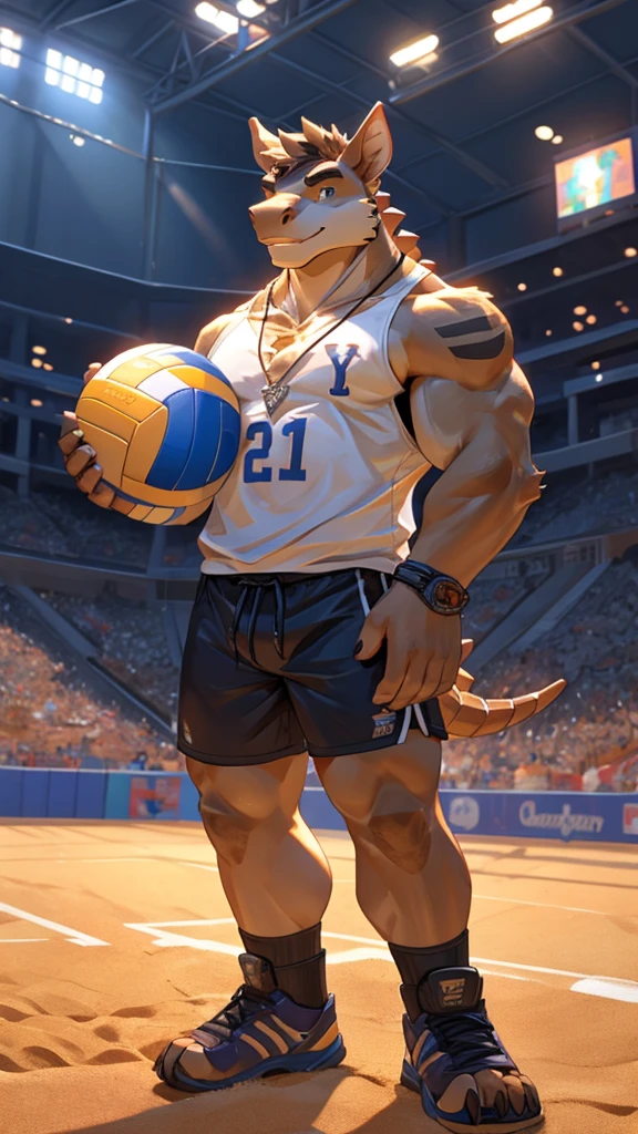 a male furry armadillo who is only wearing short shorts, has his body uncovered and is in a volleyball stadium as he is playing. He wears a necklace with a K pendant