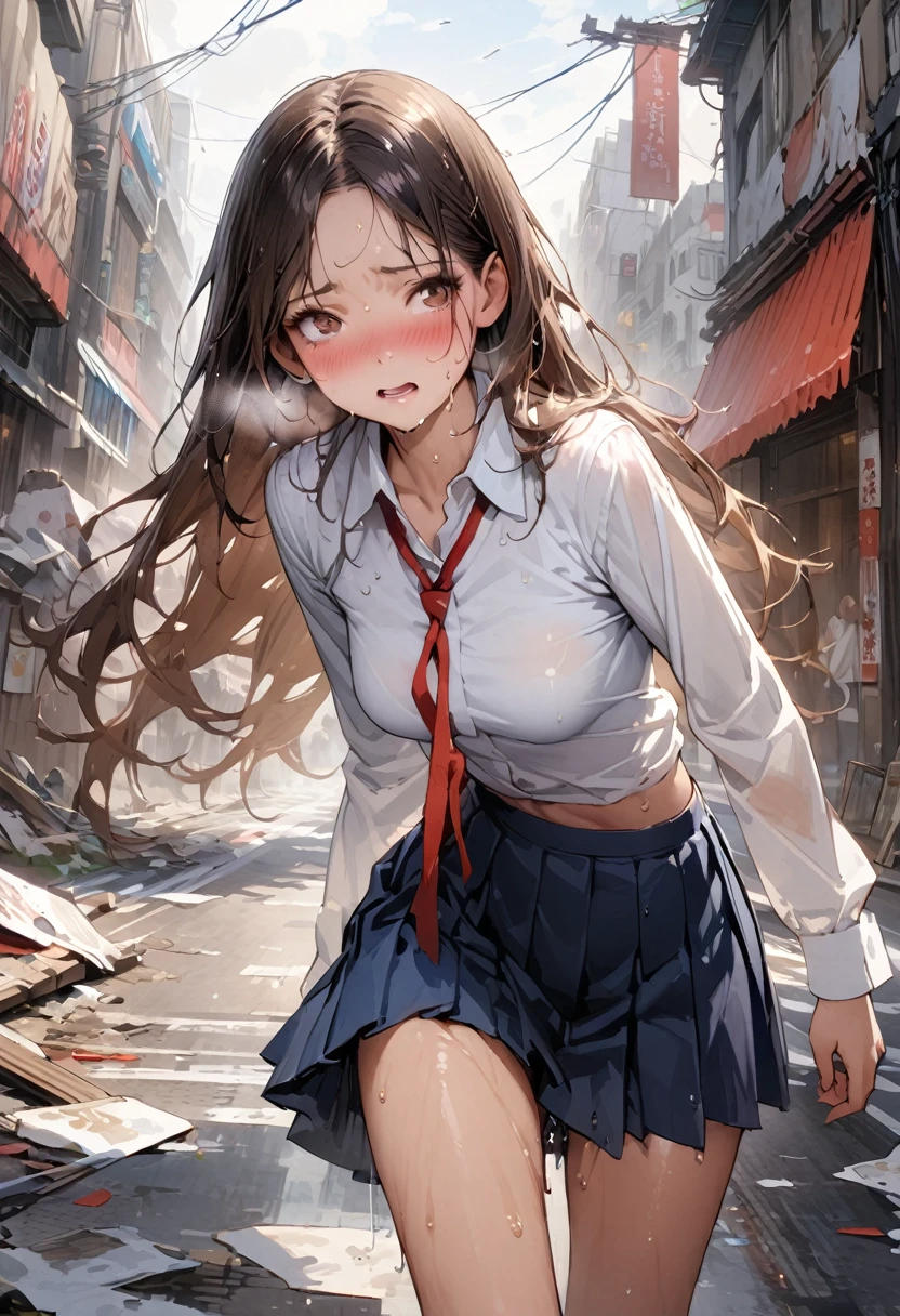 ((masterpiece,Highest quality:1.3,best quality illustration,realistic:1.3)),cowboy shot,独奏,1woman,(18-year-old、Japanese Beauty)、brown hair,long hair,parted bangs,brown eyes,gorgeous eyes,((very small head:1.3)),blush,Heavy breathing,((very long body:1.2,skinny)),medium breasts,(Red ribbon tie、White collared shirt、Long sleeve navy blue pleated mini skirt、Wet crotch),sweat,gleaming skin,toned body,slender body,walk、on street,Collapsed building、Shibuya.End of the World、