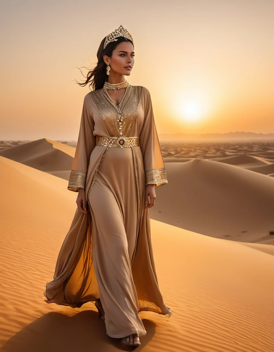 A Arabic Desert Princess standing gracefully on a desert sand dune, intricate golden tiara catching the sun's rays, flowing arabic traditional robes adorned with pearls and precious gemstones, arid landscape stretching into the horizon, camel caravan silhouetted against the orange hues of dusk, shot on Sony FE 35mm F1.4 prime lens, Neutral-Density-Filter, flawless clarity, raw_photo, extremely realistic, 8k, brightly lit