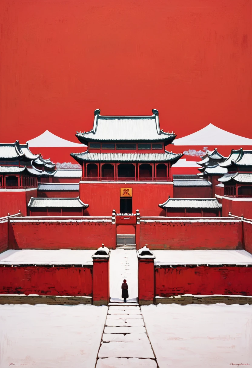 Alan Craddock,Chinese buildings in the distance,palace, symmetry,Snow White,Red Wall,Red background,Minimalist style,Top 50%blank,Integrating into the art of Van Gogh