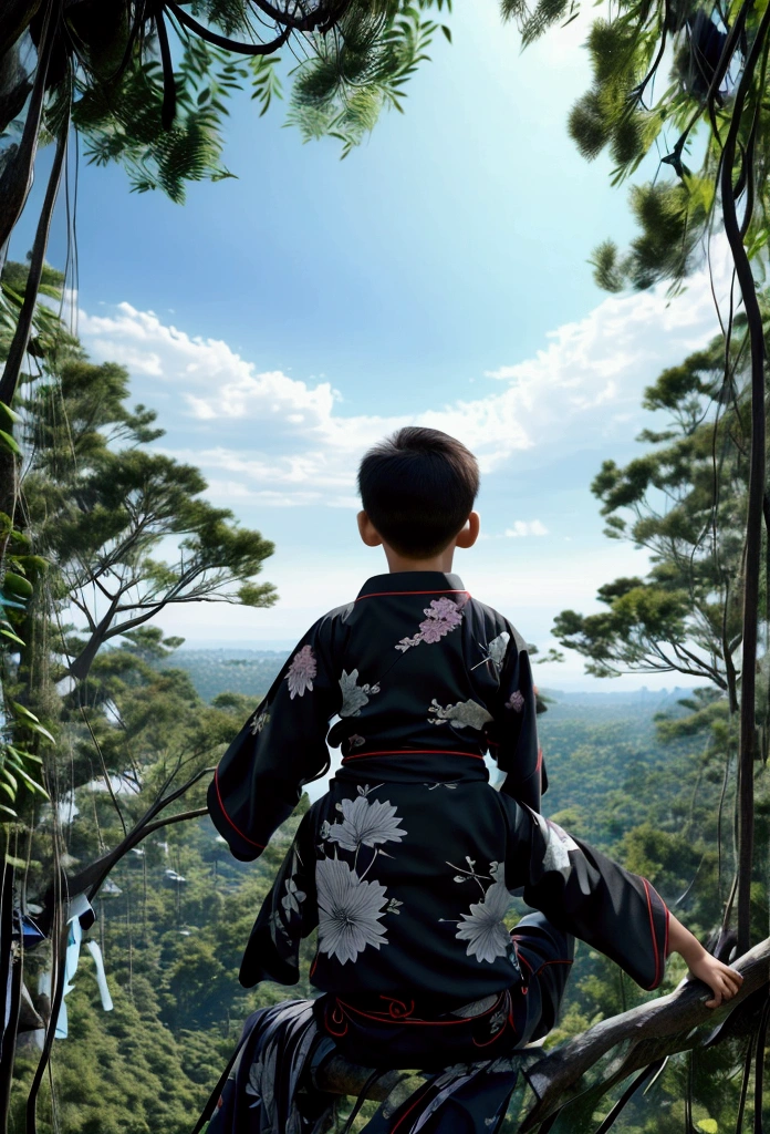 The back view of a lively 10-year-old boy wearing a simple, old-fashioned black kimono。Sitting on a branch of a large tree。The sky is blue。The angle of view is medium distance、Make yourself visible。