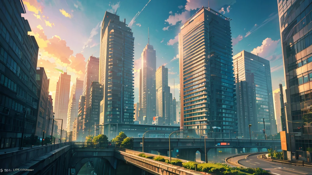(masterpiece, highest quality:1.2), highest quality, masterpiece, high resolution, anime style, Urban landscape, ultra detailed, landscape illustration, realistic, beautiful cumulonimbus clouds, wide open sky, summer sky, verdant sky, ambiguous boundaries, morning glow, ((Contemporary landscape, Trains running, Buildings in the background, skyscraper)), not a single person, no human, brilliant morning sun, Sunlight leaking through gaps in buildings