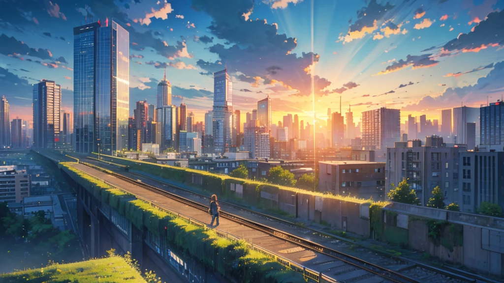 (masterpiece, highest quality:1.2), highest quality, masterpiece, high resolution, anime style, Urban landscape, ultra detailed, landscape illustration, realistic, beautiful cumulonimbus clouds, wide open sky, summer sky, verdant sky, ambiguous boundaries, morning glow, ((Contemporary landscape, Trains running, Buildings in the background, skyscraper)), not a single person, no human, brilliant morning sun, Sunlight leaking through gaps in buildings