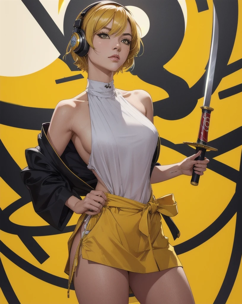 colorfulでダイナミックな背景の前でポーズをとる. Realistic, 8K, masterpiece, RAW Photos, Highest quality, Realistic, 非常に詳細な CG Unity 8K 壁紙, Written boundary depth, Cinematic Light, Lens flare, Ray Tracing, Perfect lighting,short hair, (Delicate skin), (Delicate face), (Pop Background :1.1), Person standing and watching、Comical movement,1 female,Killbill movie costumes、Headphones,(Yellow background),Modern Style,Artistic,mobile composition,Unique Pattern,Bold Texture,colorful,Imaginative,Whimsical,Vibrant,like々Shii,Playful,Vibrant,creative,Expressive,stylish,tendency,One Girl,Holding a Japanese sword、Coca-Cola Poster、Lemon on the background