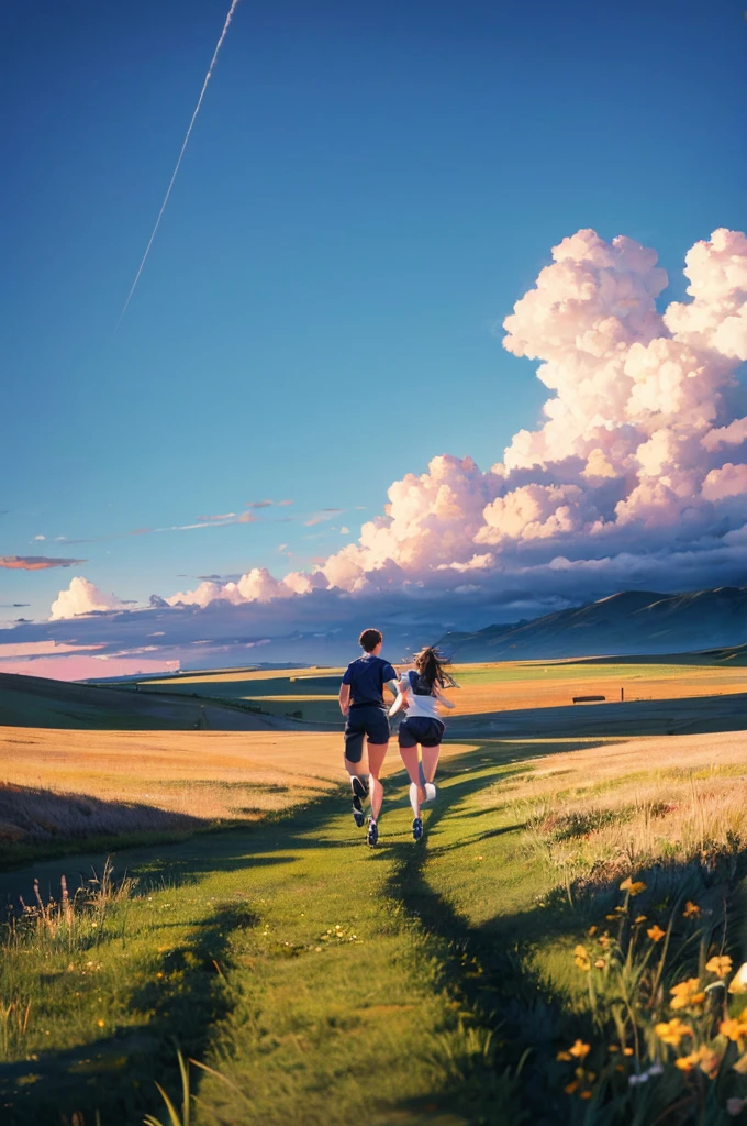 a couple running joy on grass a big sky background, camera view from so far, detailed couple, detailed sky, detailed grass, best quality, highly detailed, masterpiece, 8k scene.