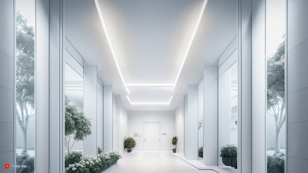 there is a long hallway with a lot of windows and trees, hallway landscape, all white render, infinite hallway, white minimalist architecture, tall entry, inside a tall vetical room, well lit 3 d render, indoor liminal space, liminal space hallway, commercial lighting, corridor, white ceiling, minimalistic and beautiful, white building, crisp smooth clean lines