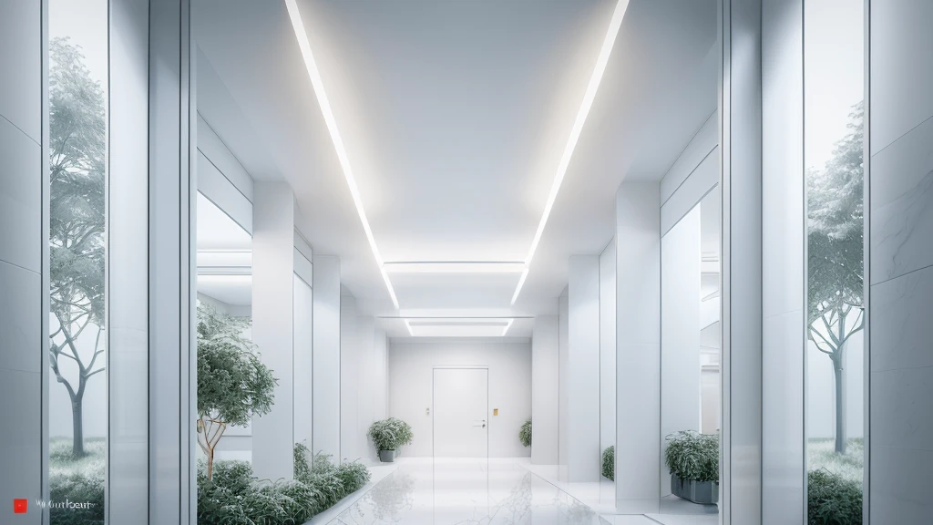 there is a long hallway with a lot of windows and trees, hallway landscape, all white render, infinite hallway, white minimalist architecture, tall entry, inside a tall vetical room, well lit 3 d render, indoor liminal space, liminal space hallway, commercial lighting, corridor, white ceiling, minimalistic and beautiful, white building, crisp smooth clean lines