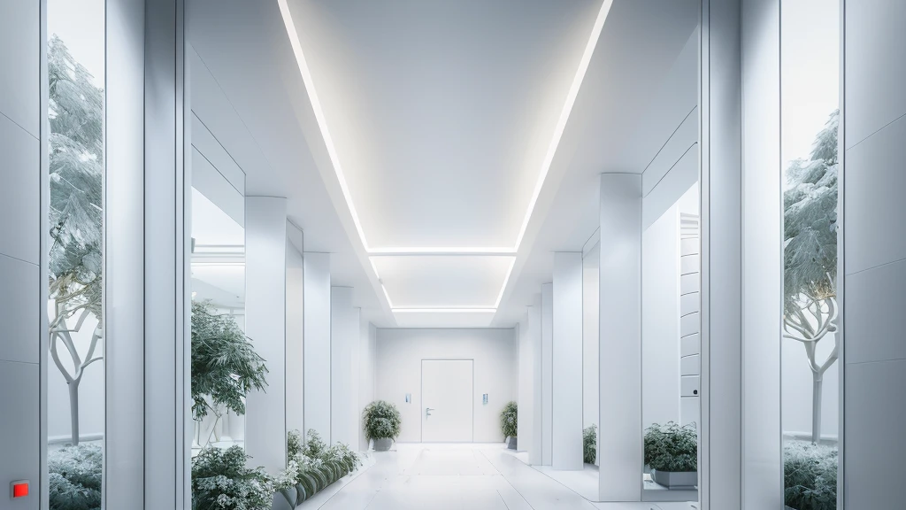 there is a long hallway with a lot of windows and trees, hallway landscape, all white render, infinite hallway, white minimalist architecture, tall entry, inside a tall vetical room, well lit 3 d render, indoor liminal space, liminal space hallway, commercial lighting, corridor, white ceiling, minimalistic and beautiful, white building, crisp smooth clean lines